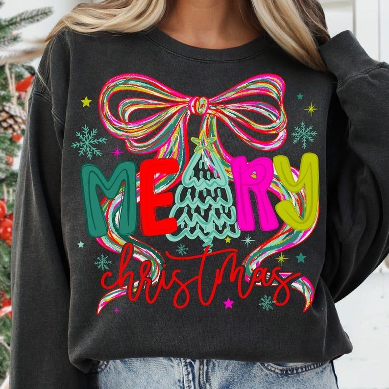 Merry Christmas Coquette Sweatshirt, Preppy Christmas Shirt , Merry and bright Tee, Xmas Shirt, Bow Christmas Tree ,...