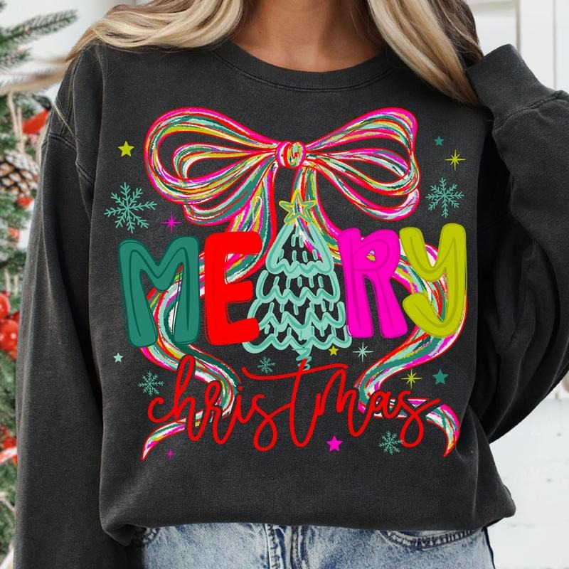 Merry Christmas Coquette Sweatshirt, Preppy Christmas Shirt, Merry and bright Xmas Shirt, Bow Christmas Tree Sweatshirt...