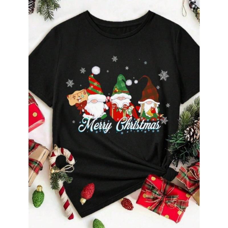Merry Christmas Gnome And Santa Claus Print Casual Loose Crew Neck Short Sleeve Women's T-Shirt Hoodie, Sweatshirt