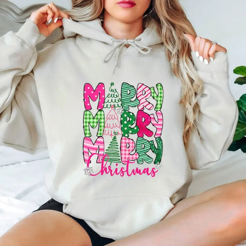 Merry Christmas Hoodie - Colorful Festive Text Design, Perfect for Holiday Cheer, Cozy Unisex Hoodie for Christmas...