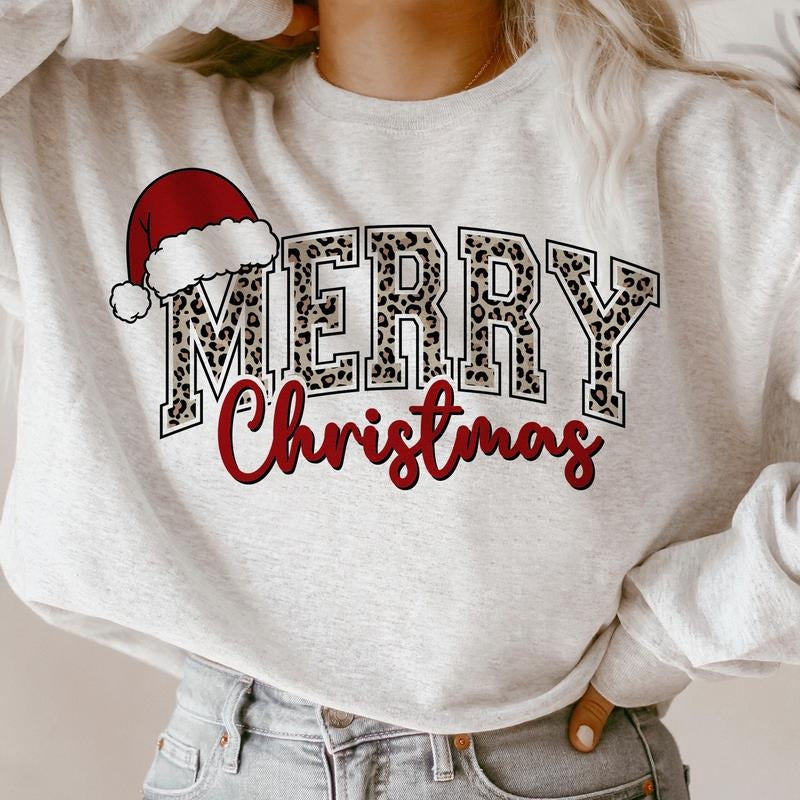 Merry Christmas Leopard Print Christmas Varsity with Santa Sweatshirt, Trendy Christmas Season Graphic Design Unisex...
