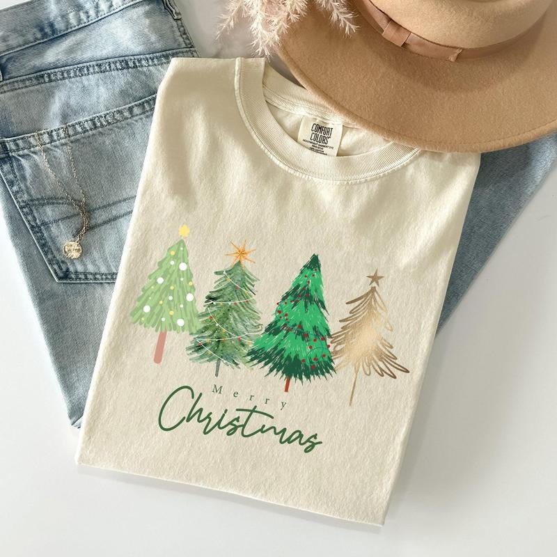 Merry Christmas Trees, Minimalist, Classic, Winter, Santa, Xmas Tshirt, Christmas Comfort Colors Tshirt, Women's Graphic...