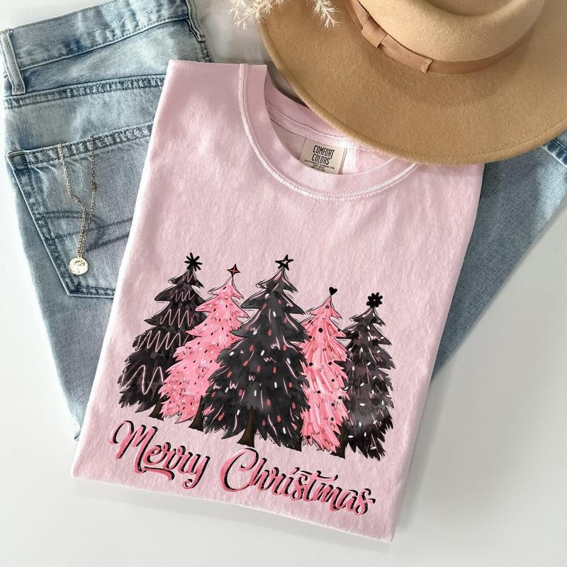 Merry Christmas Trees, Winter, Snow, Santa, Xmas Tshirt, Christmas Comfort Colors Tshirt, Women's Graphic Tee, Xmas,...