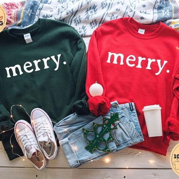 Merry Christmas sweatshirt for women, cozy holiday crewneck perfect for matching family pajamas, festive Christmas shirt,...