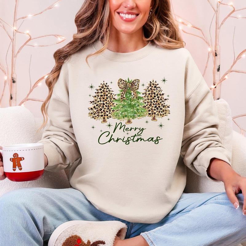 Merry Christmas, Leopard Print, Cheetah Christmas Trees Sweatshirt, Crew Neck, Women's, Crewneck T-Shirts, Hoodie