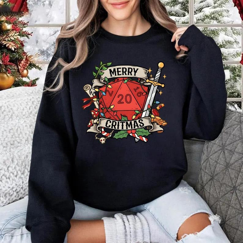 Merry Critmas DnD Christmas Sweatshirt, Christmas Dice Shirt, D&D Christmas Sweatshirt, D20 Sweatshirt, Christmas...
