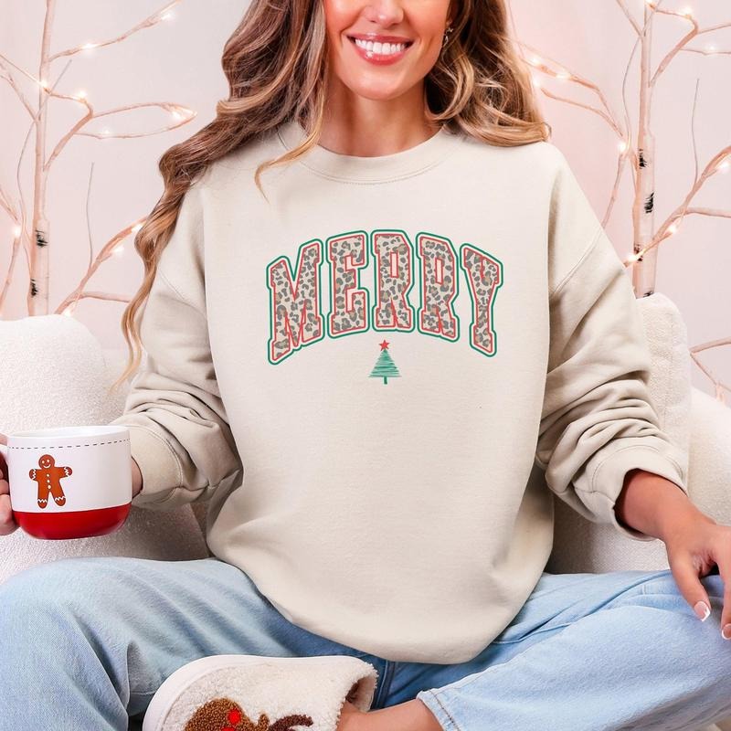 Merry Leopard Print Varsity, Christmas Tree, Santa Sweatshirt, Crew Neck, Women's, Crewneck T-Shirts, Hoodie | PodTeesHub.com