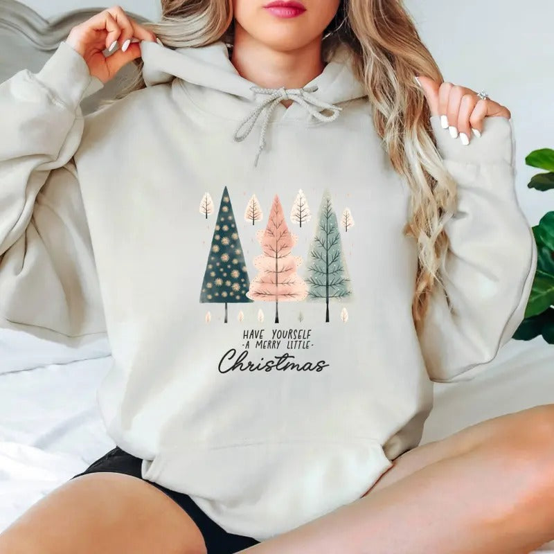 Merry Little Christmas Hoodie - Elegant Christmas Trees with Festive Message, 100% Cotton, Men and Women - Sweaters, Tops...