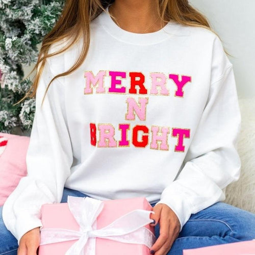 'Merry N Bright' Chenille Letter Patch Sweatshirt T-Shirts, Hoodie | PodTeesHub.com