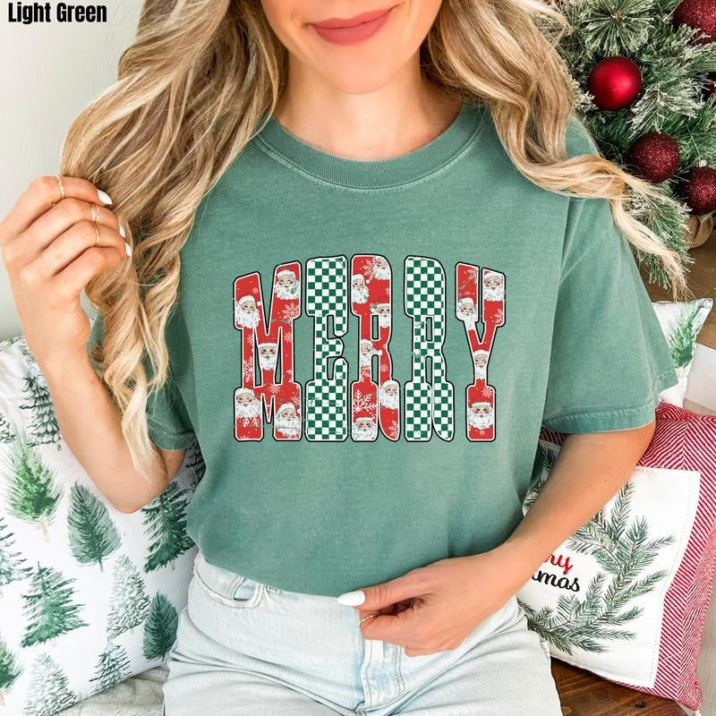 Merry Santa & Checkered Comfort Colors T-Shirt 'NLB' Hoodie, Sweatshirt | PodTeesHub.com