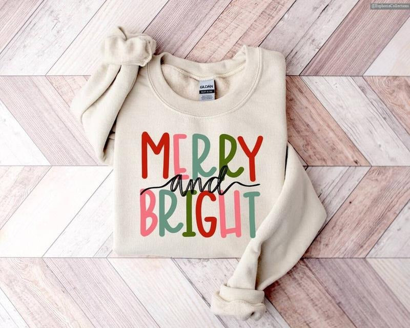 Merry and Bright Christmas Sweatshirt, Family Xmas Hoodie, Noel Sweater T-Shirt for Women, Merry Christmas Tee , Global...