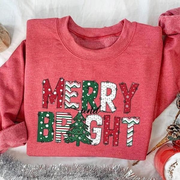 Merry and Bright Christmas sweatshirt, retro festive holiday sweater, cute women's Christmas shirt, perfect cozy and...