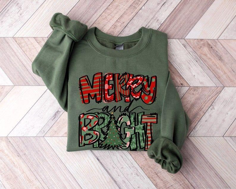 Merry and Bright Sweatshirt, Christmas t-shirt, Family Christmas sweatshirt, Christmas Sweatshirts for Women, Merry...