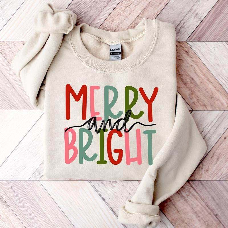 Merry and Bright Xmas Sweatshirt, Trendy Christmas Season Graphic Design Unisex Sweatshirt for Women for Men Womenswear...