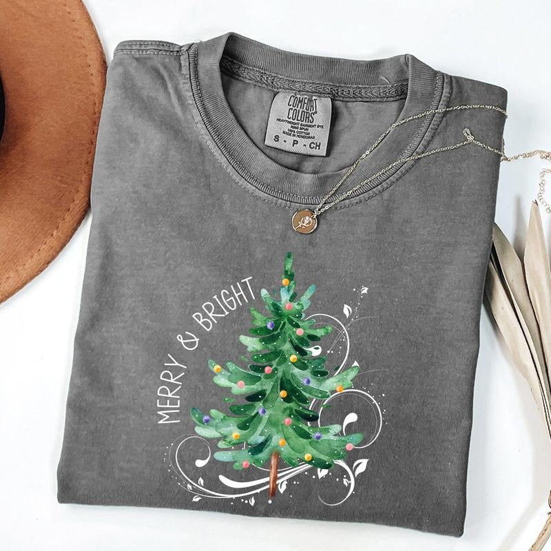 Merry and Bright, Christmas Tree with ornaments, Swirls, Santa, Winter, Xmas Tshirt, Christmas Comfort Colors Tshirt,...