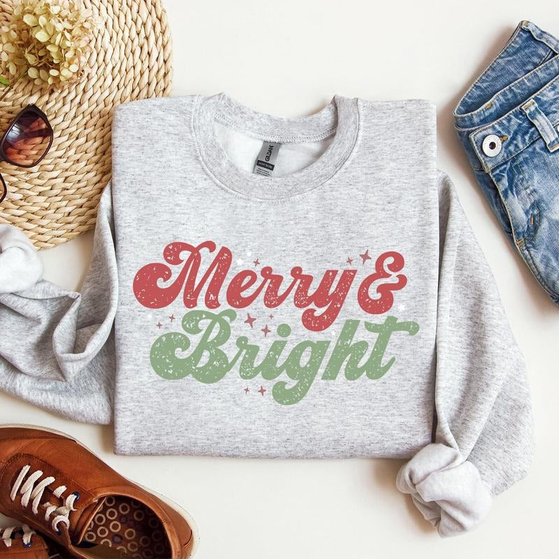 Merry and Bright, Red and Green, Christmas, Winter, Xmas Sweatshirt, Women's Crew Neck, Crewneck T-Shirts, Hoodie
