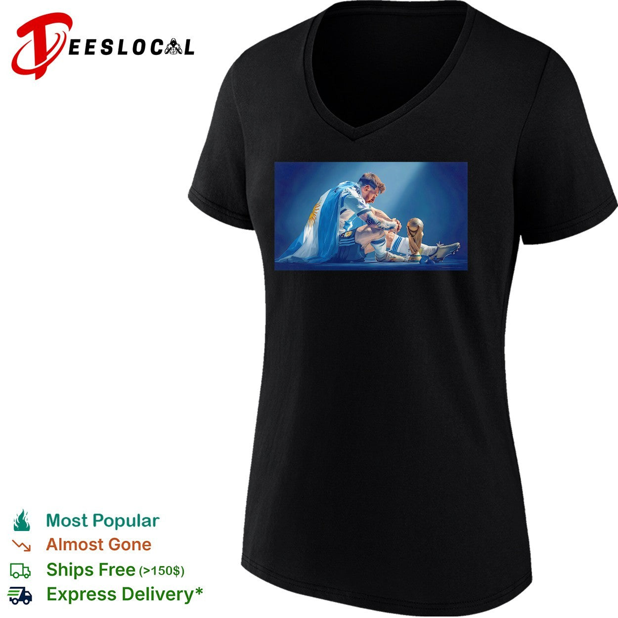 Messi holding World Cup trophy Argentina flag dramatic photo shirt