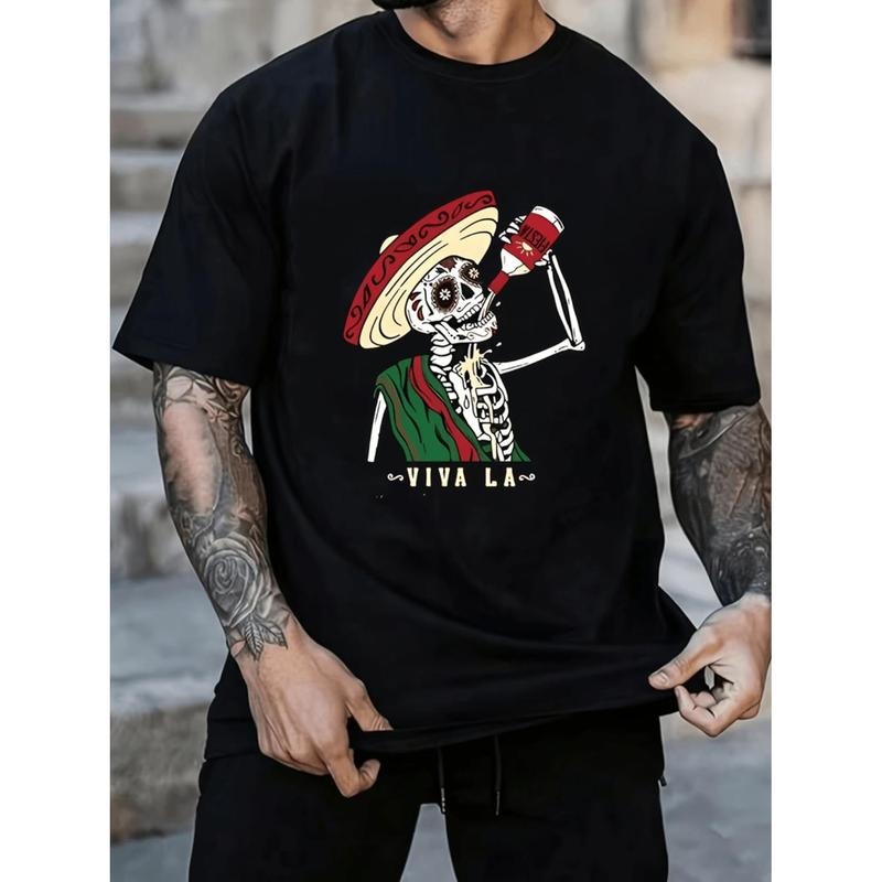 Mexican Style Drinking Skeleton Print Men's Short Sleeve T-Shirts, Comfy Casual Elastic Crew Neck Tops For Men's Outdoor...