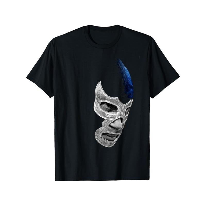 Mexican Wrestler Demon Blue Libre T-Shirt For Men Women And Teens With Geometric Cotton Fabric Perfect For Sports And...
