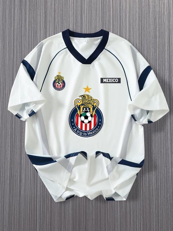 Mexico Theme Soccer Jersey with 'mexico' Logo, Retro Sporty V Neck Design for Summer, Fitted Moderate Thickness Fabric...