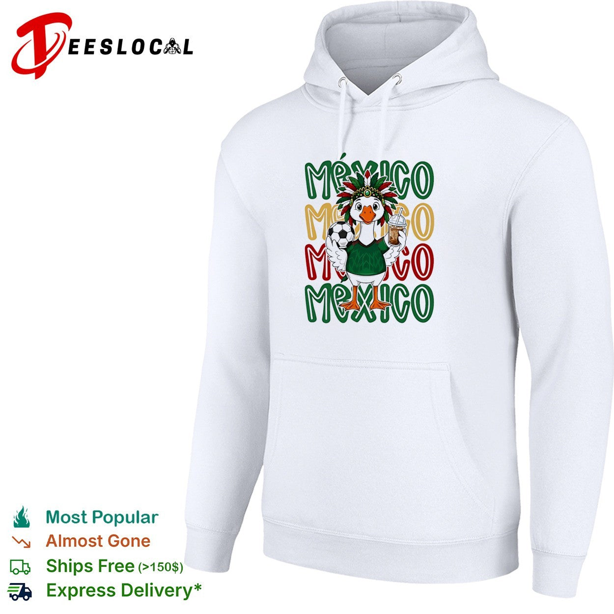 Mexico duck mascot Aztec headdress soccer ball iced drink stacked text shirt