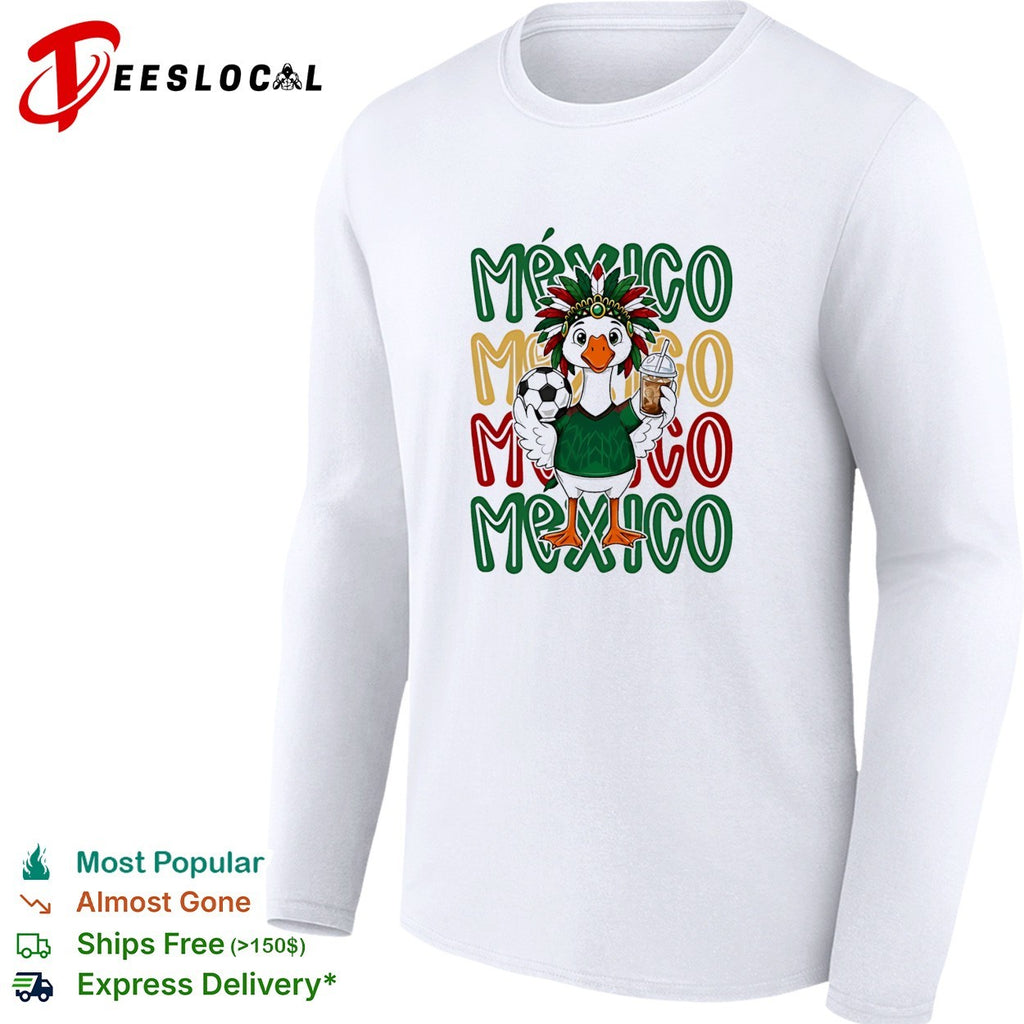 Mexico duck mascot Aztec headdress soccer ball iced drink stacked text shirt