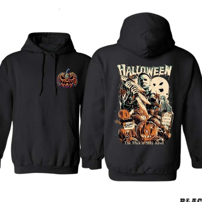 Michael Myers Halloween Hoodie - Scary Graphic Pullover with "The Trick is Stay Alive" Quote, Pumpkins and Moon for...