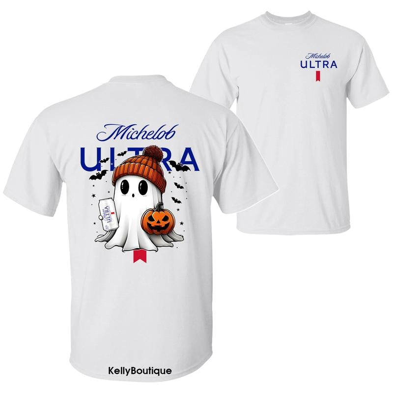 Michelob Ultra Halloween Cute Boo Boo Ghost Pumpkin T-Shirt, Trendy Halloween Spooky Season 2 Sided Graphic Design Unisex...