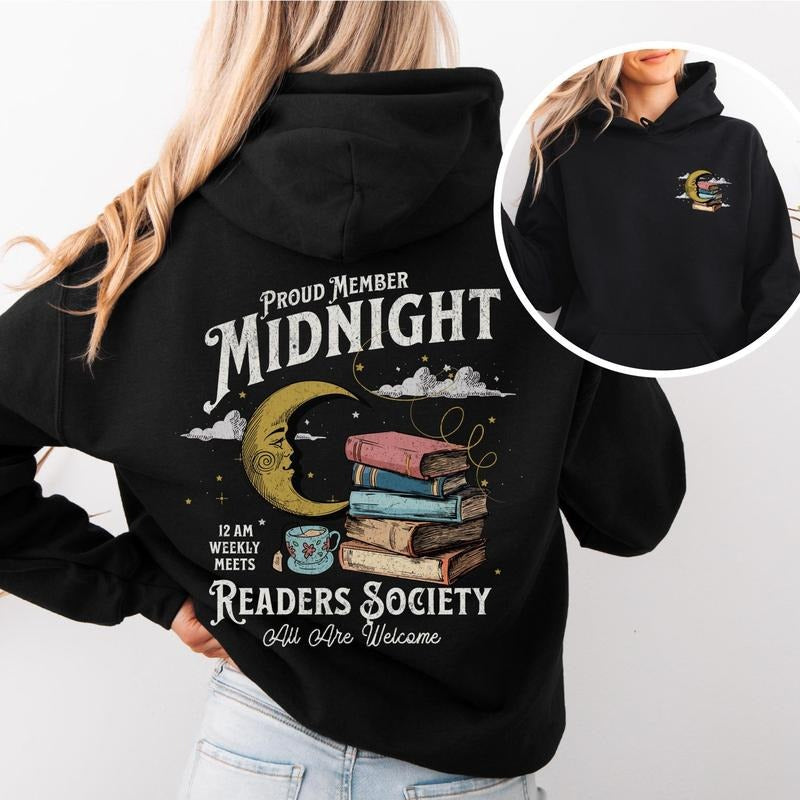 Midnight Readers Society Hoodie, Retro Bookish Hoodie, Cozy Hooded Sweatshirt, Book Lover Gift, Ideal for Book Clubs,...