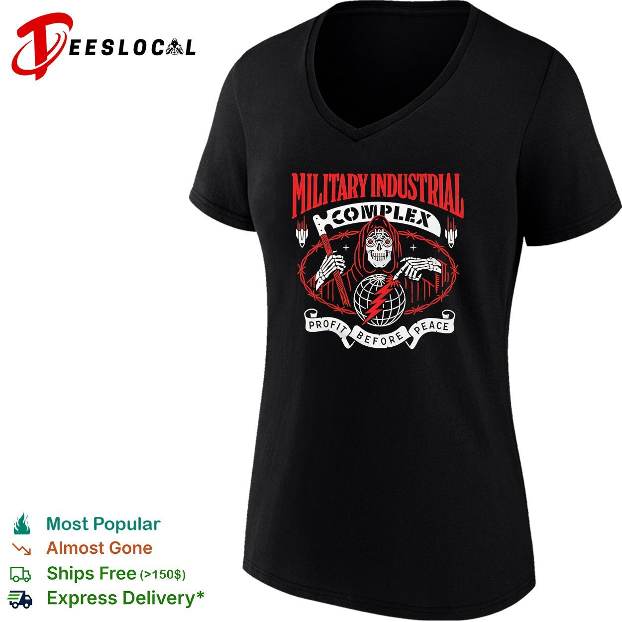 Military Industrial Complex profit before peace grim reaper globe barbed wire shirt