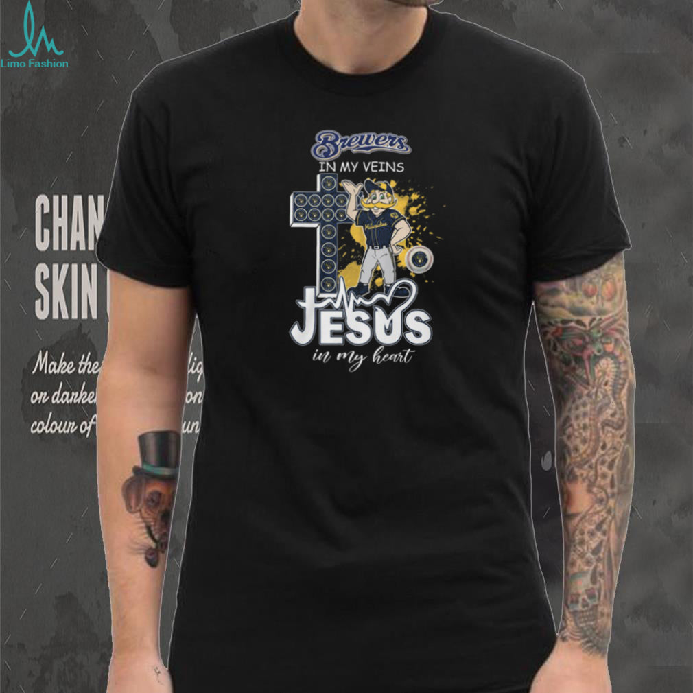Milwaukee Brewers Bernie Brewer Mascot Cross Heartbeat Jesus In My Heart Fan T Shirt