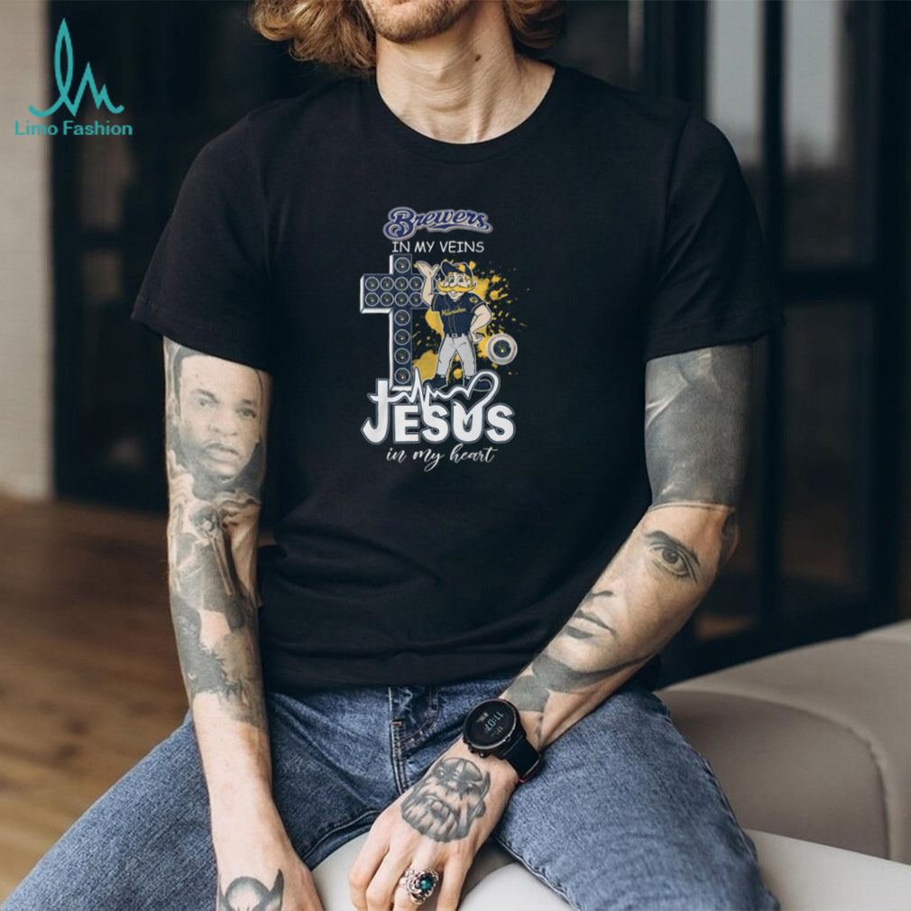 Milwaukee Brewers Bernie Brewer Mascot Cross Heartbeat Jesus In My Heart Fan T Shirt