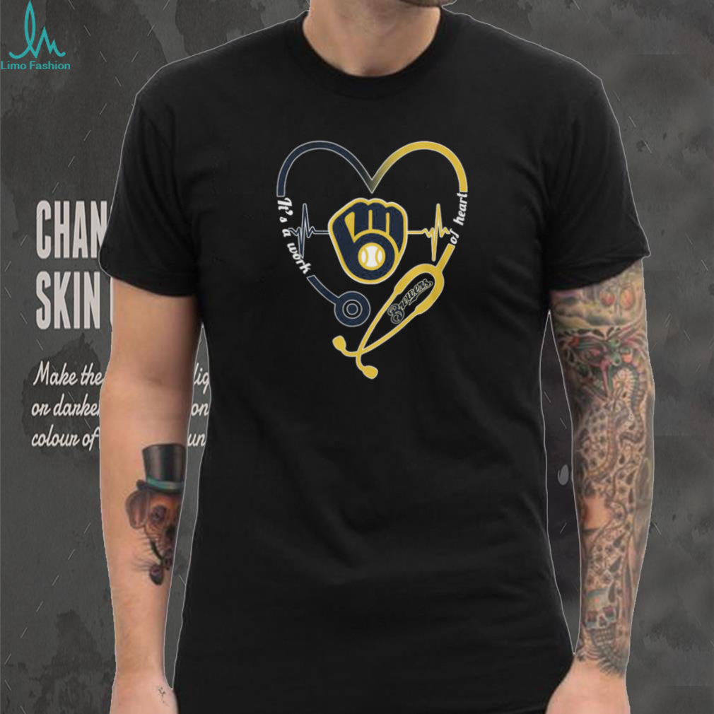 Milwaukee Brewers Yellow Glove Logo Stethoscope Heart Nurse Work Of Heart T Shirt