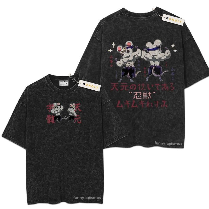 [ Mineral Wash ] Retro Funny Ninja Mice Muki Muki Gym Tee Anime Fan Lovers Streetwear & Washed Gym Style Shirt Hoodie,...