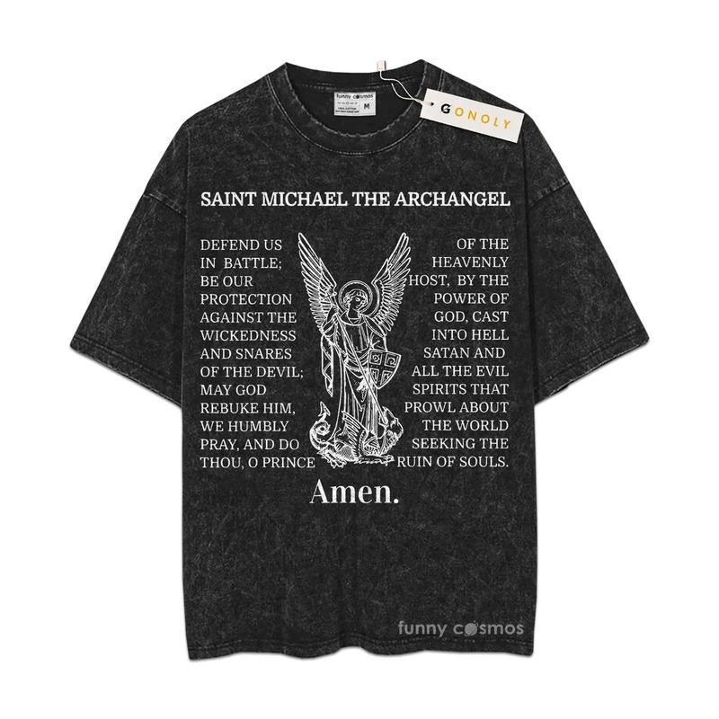 [ Mineral Wash ] Saint Michael The Archangel Shirt Jesus, Faith, Religious, Christian Washed Oversized Shirt Hoodie,...