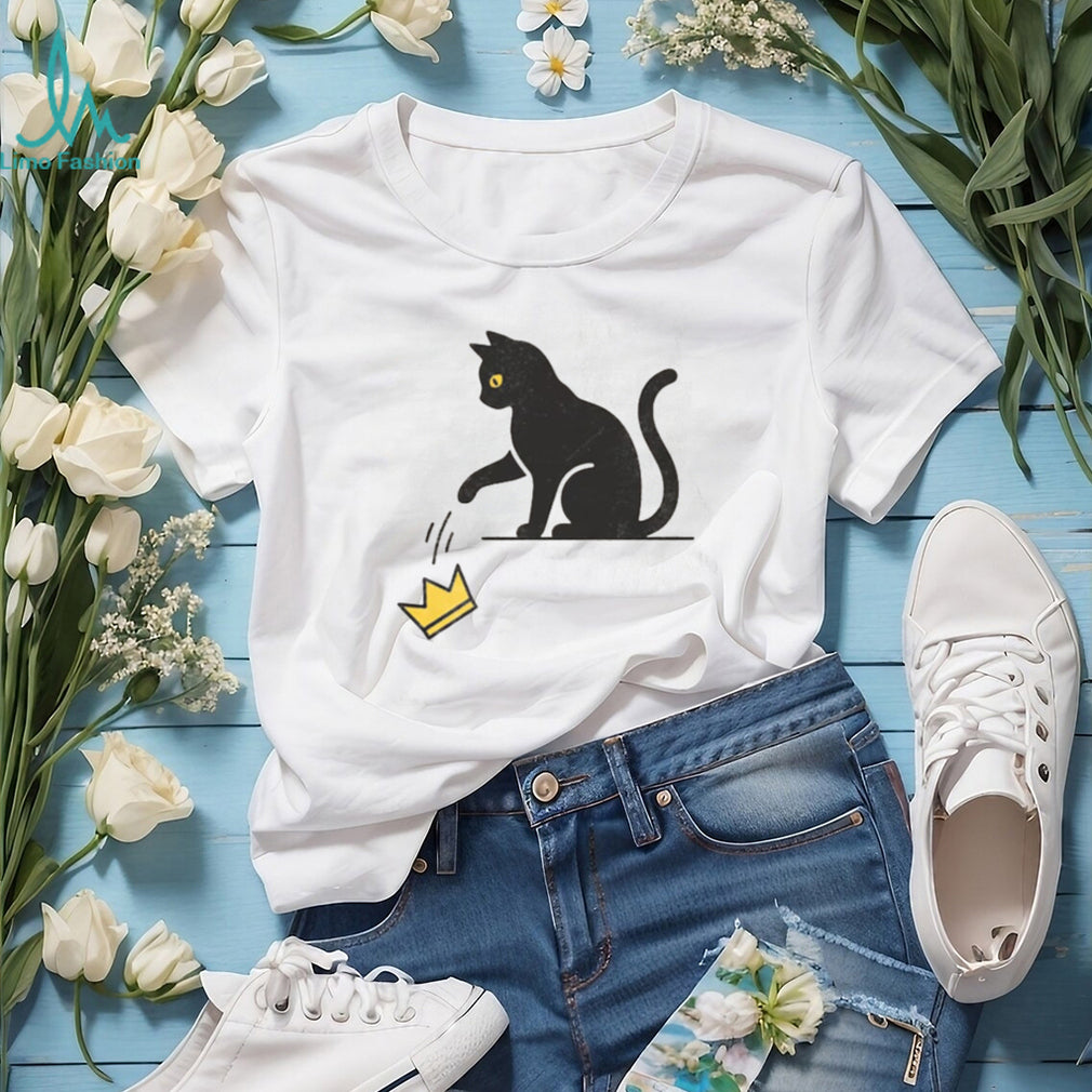 Minimalist Black Cat Knocking Over Crown Graphic T Shirt