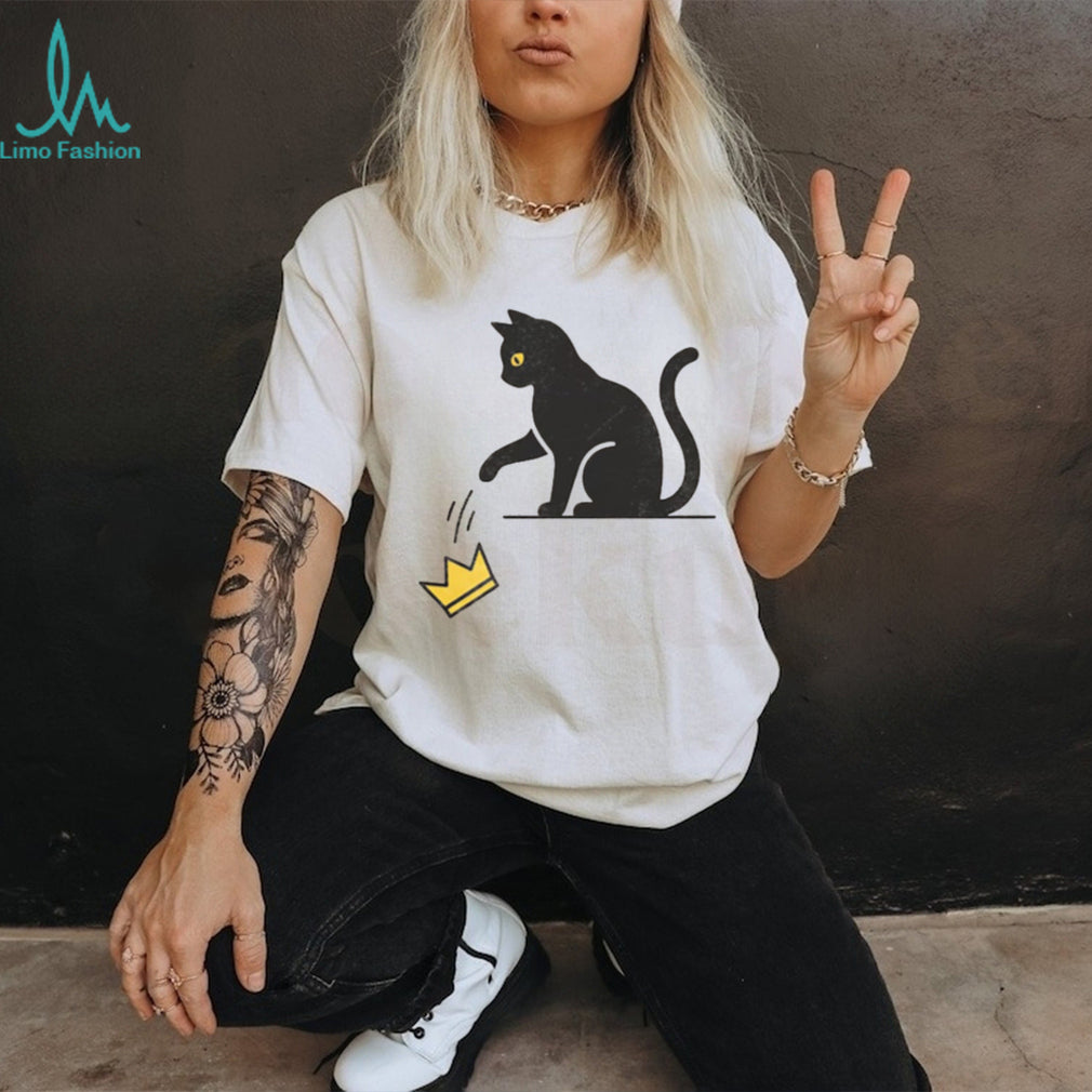Minimalist Black Cat Knocking Over Crown Graphic T Shirt
