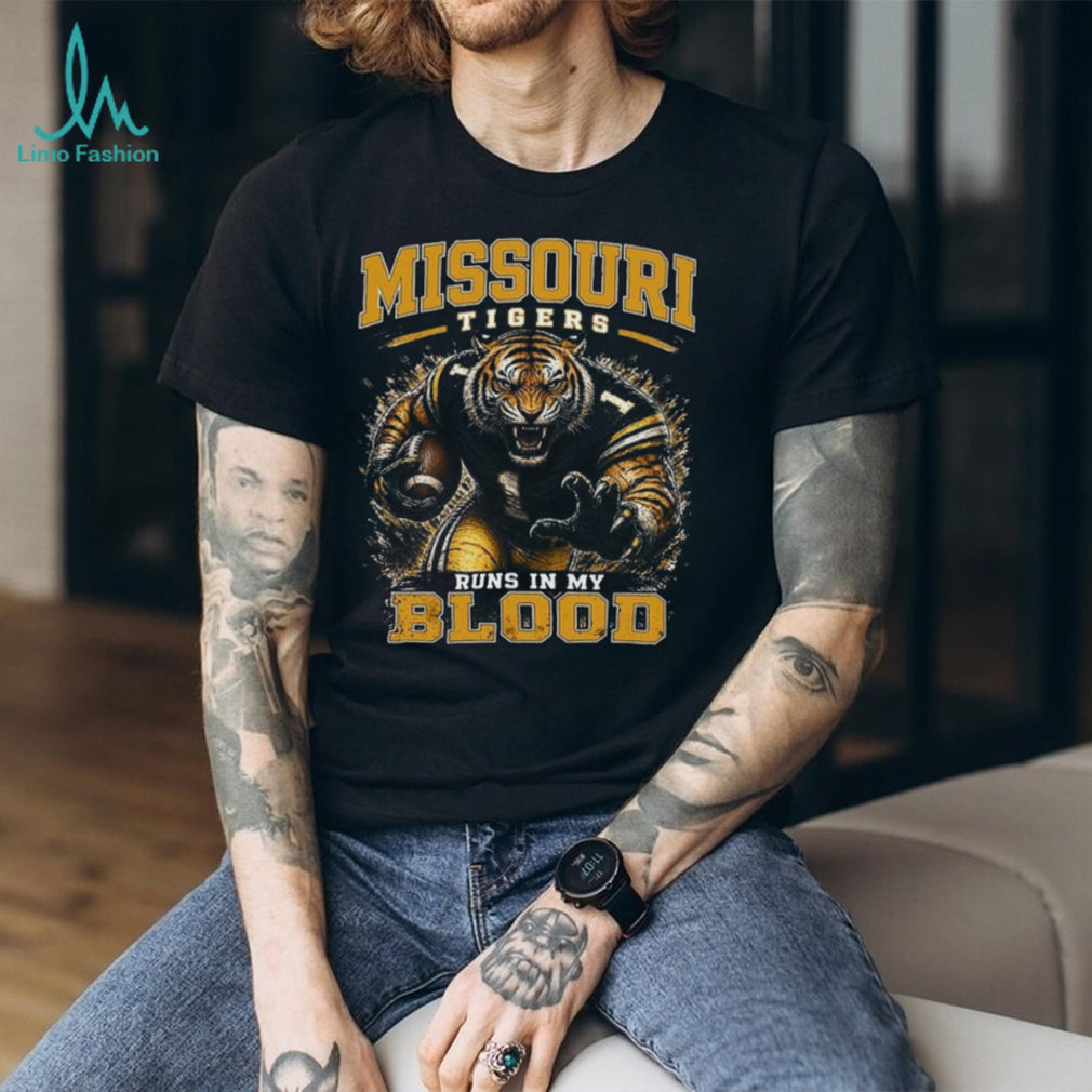 Missouri Tigers Football Mascot Runs In My Blood Retro Style Men Fans Shirt