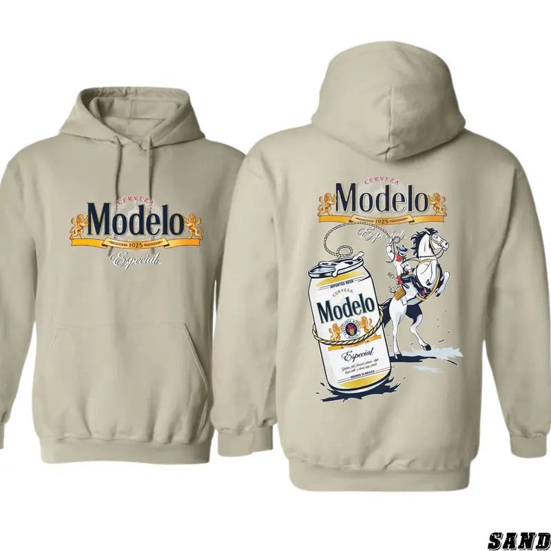 Modelo Especial Hoodie - Bold Knight on Horseback with Classic Modelo Beer Can Graphic, 100% Cotton - Menswear, Sweaters...