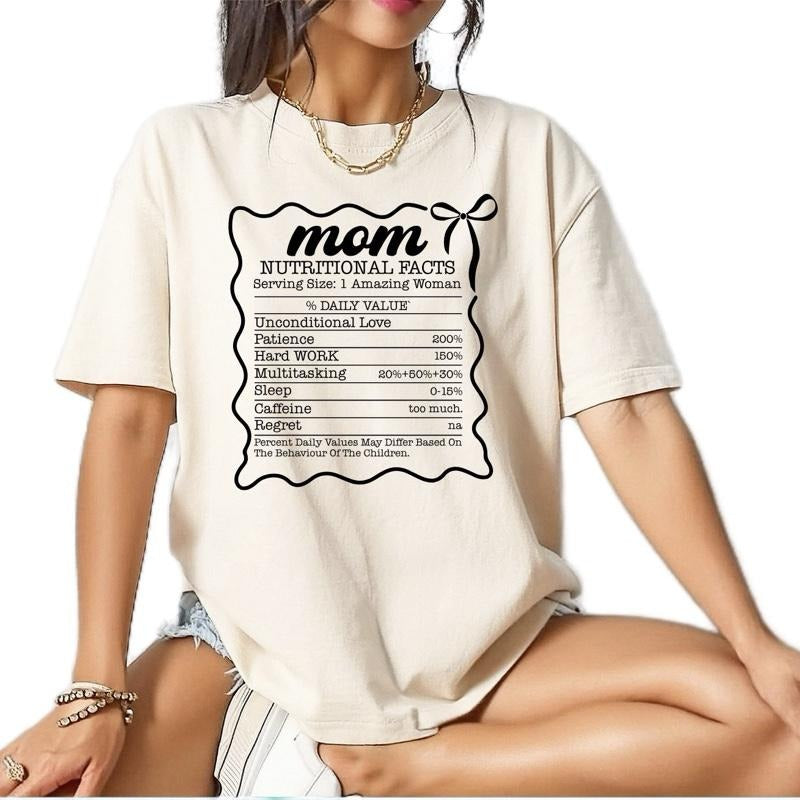 "Mom Nutritional Facts" Random Color Graphic T-Shirt, Comfortable Comfy Top Womenswear Everyday Love Soft Streetwear...