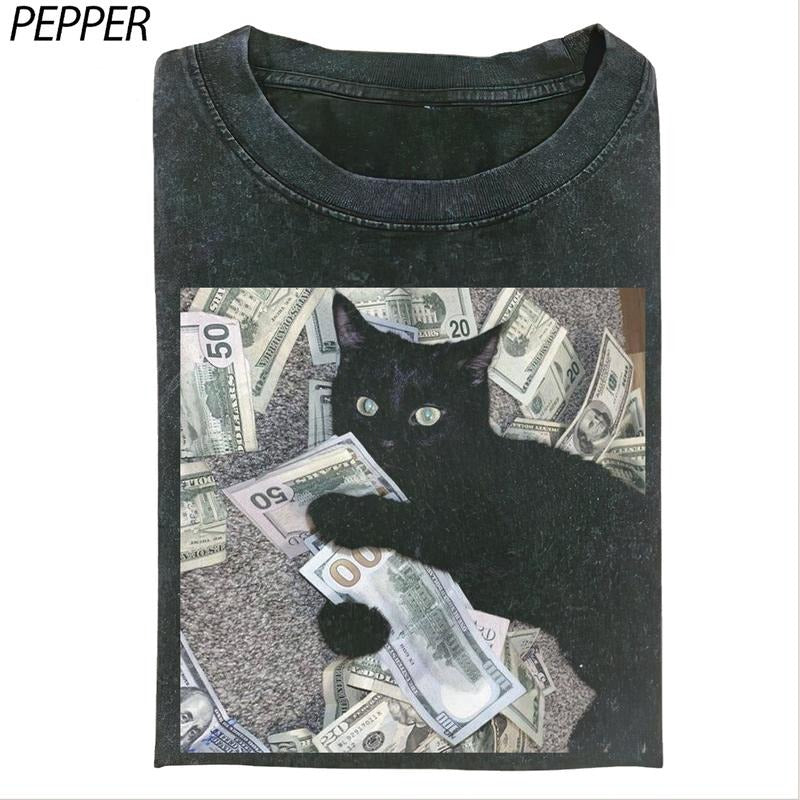 Money Cat Shirt, Black Cat, Cat Lover Funny T-Shirt Tops Tee, Retro Funny Vintage Tee, Unisex Meme Cringe Funny Dumb...