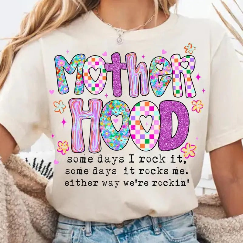 Motherhood Coquette Bow Checker Shirt, Neon Mother hood Shirt, Simple Look, Easy to Match, Funny Mom Shirt, Sarcastic...