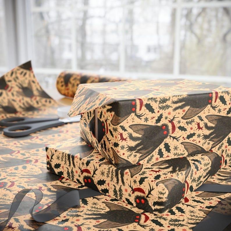 Mothman Merry Wrapping Paper Roll Cryptid Christmas Gift Wrap with Red-Eyed Mothmen and Holiday Forest Gift Wrap...