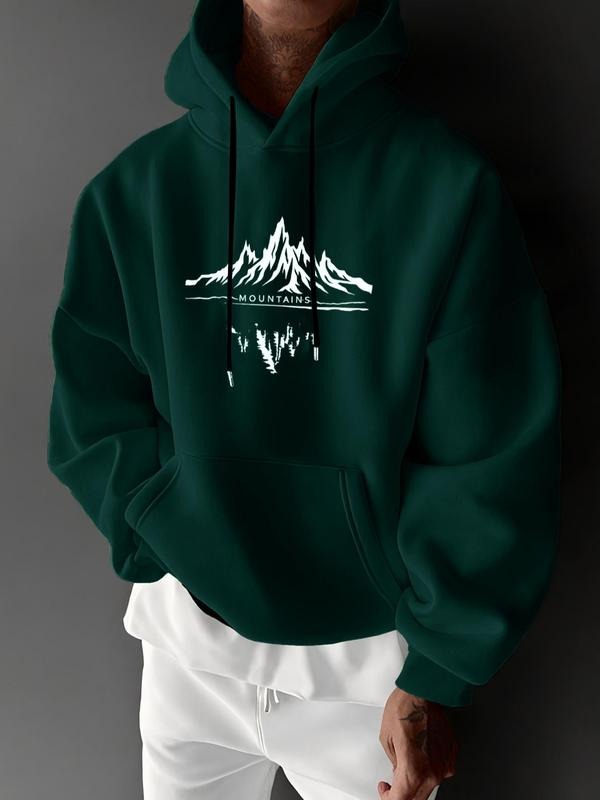 Mountain Printed Hoodie | Black, White, and Dark Green Oversized Style with Nature-Inspired Pattern | European and...