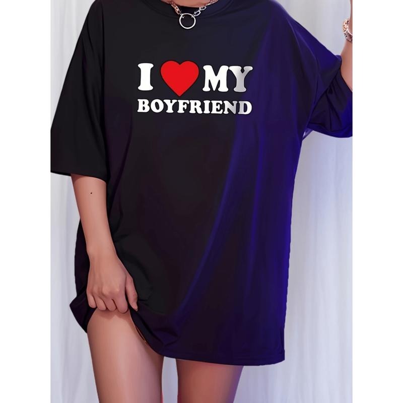My Boyfriend Print Crew Neck T Shirt Short Sleeve Casual Top For Women In Black Hoodie, Sweatshirt | PodTeesHub.com