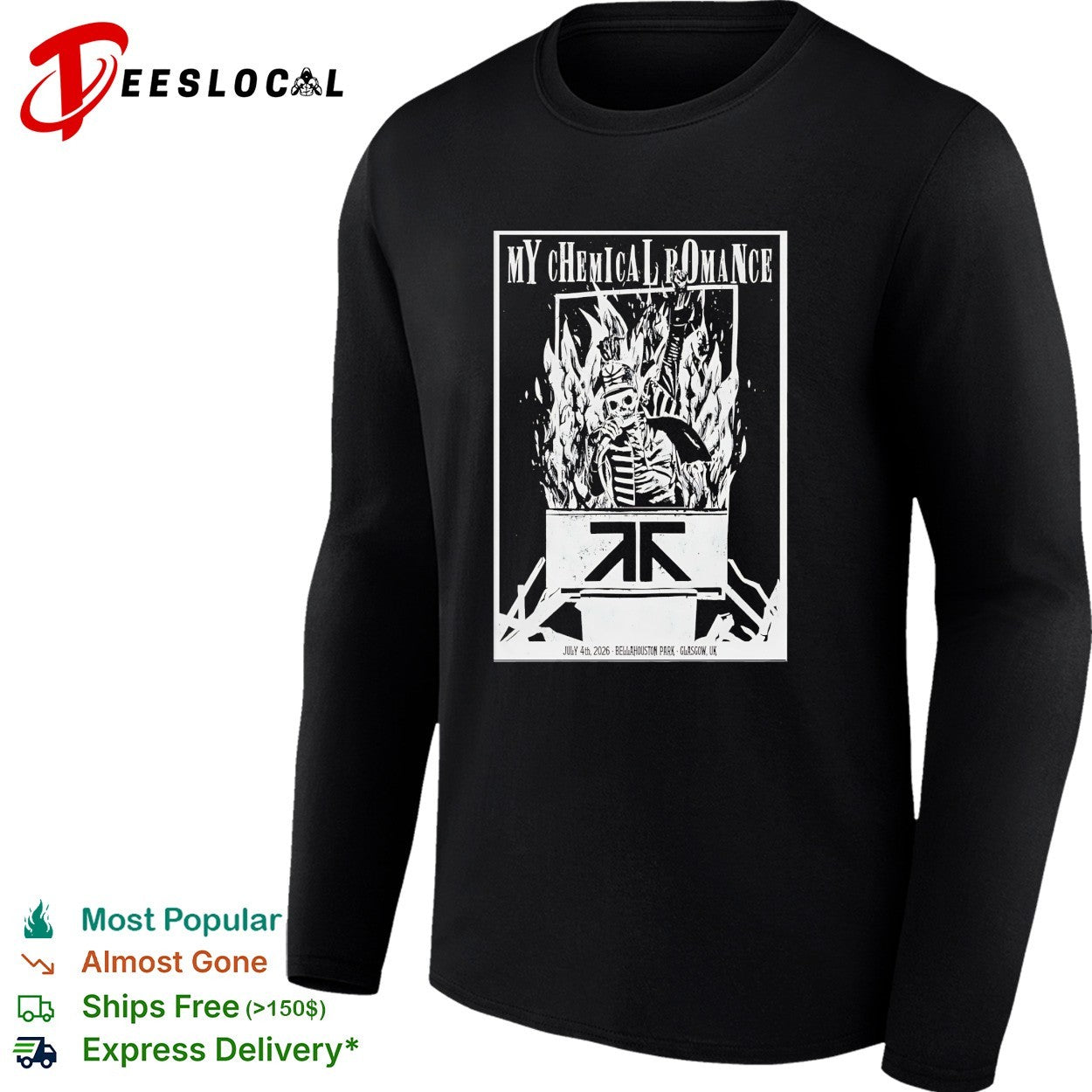 My Chemical Romance skeleton throne flames Bellahouston Park Glasgow July 4 2026 shirt
