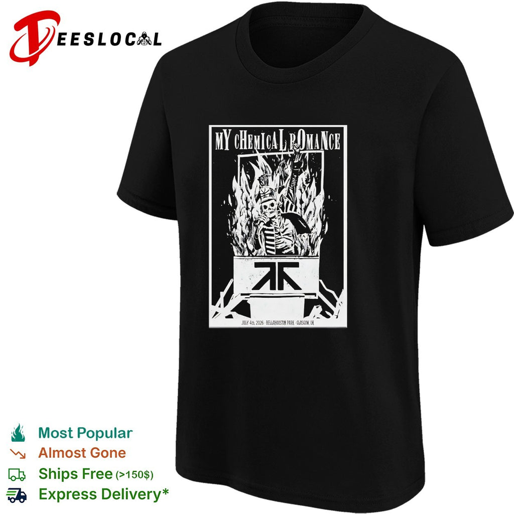 My Chemical Romance skeleton throne flames Bellahouston Park Glasgow July 4 2026 shirt
