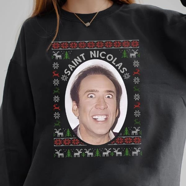 N!cholas Cage Christmas Fleece Sweatshirt for Women, Funny Celebrity Holiday Shirt, Perfect Christmas Gift Hoodie