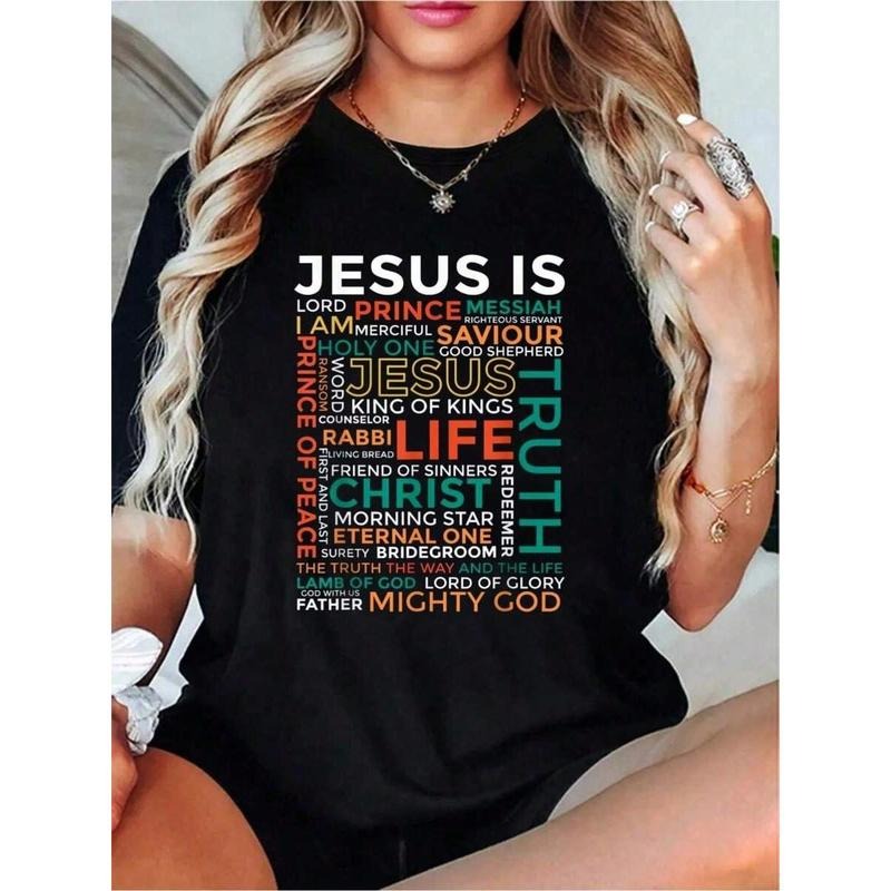 Names Of Jesus - Jesus Is - Christian-Shirt Cotton Printed-Shirt Summer, Soft Wo's Short Sleeve Top, Fashionable And...