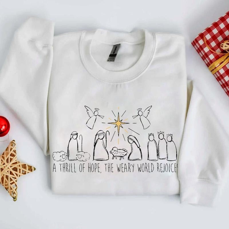 Nativity Scene Christian Christmas Jesus Angels Crewneck Sweater, A Thrill of Hope, The Weary World Rejoices Religious...